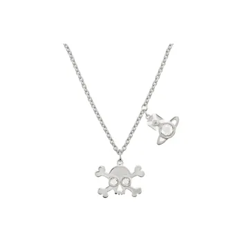 Vivienne Westwood Cubic Zircon Platinum Plated Recycled Silver Skeleton Styling Saturn Pendant Necklace Women's Silver