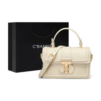 C°BANNER Cow Leather Small Square Bag, One Shoulder Handbag Medium Size Women's Ecru