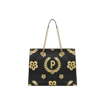 Pollini Cow Leather Tote Bag, Shopping Bag, Shoulder Bag, Handbag Women's Black/Gold