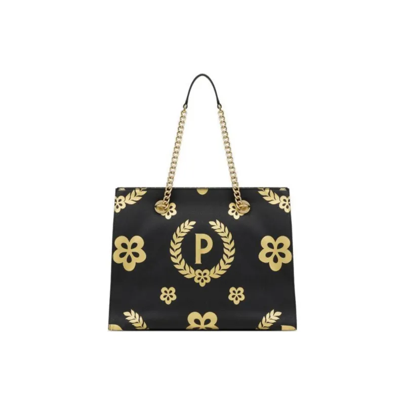 Pollini Cow Leather Tote Bag, Shopping Bag, Shoulder Bag, Handbag Women's Black/Gold-0