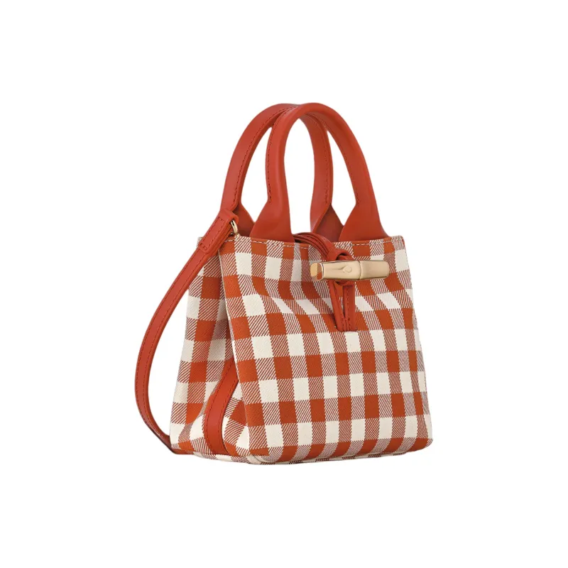 LONGCHAMP Le Roseau Cotton Canvas One Shoulder Handbag Mini Women's Red Plaid-1