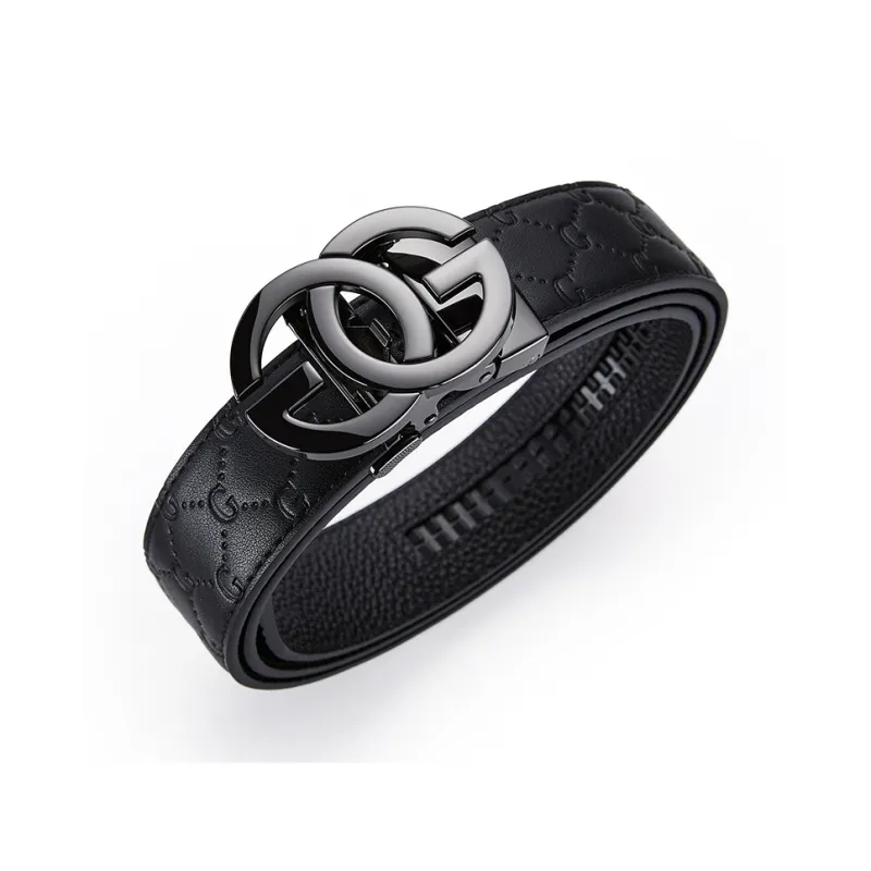 GUSKI Top Grain Cow Leather Automatic Buckle Belt, Husband's Belt Men's Gunmetal Width 3.5cm Gift Box Set-0