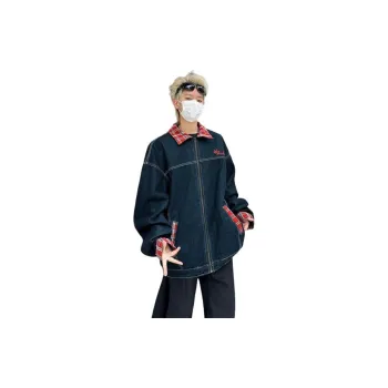 KOKO BASE Denim Jacket Unisex Red Plaid