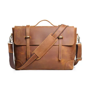 LARTIGENT Crazy Horse Cow Leather Vintage Portable Briefcase Shoulder Bag Crossbody Bag Regular Men's Brown Yellow
