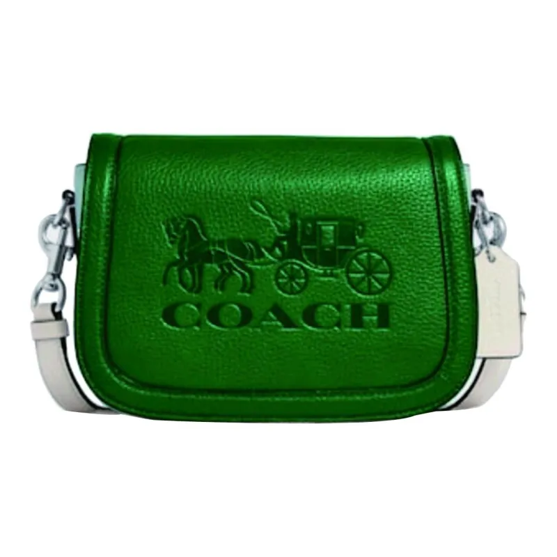 COACH Saddle Litchi Grain Leather Saddle Bag Shoulder Bag Crossbody Bag Small Size Women's Green White-0