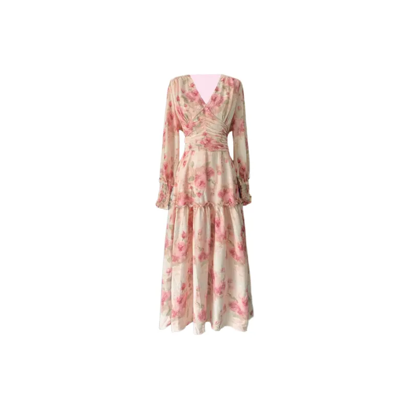 Wbwq Long Sleeved Dress Women's Pink Floral-2
