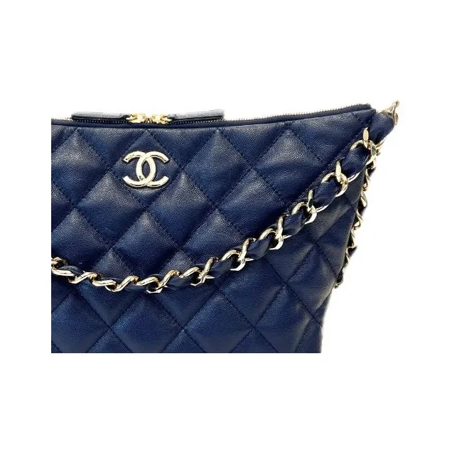 CHANEL Litchi Grain Cow Leather Handbag, Shoulder Bag Tubas Women's Marine Blue-3