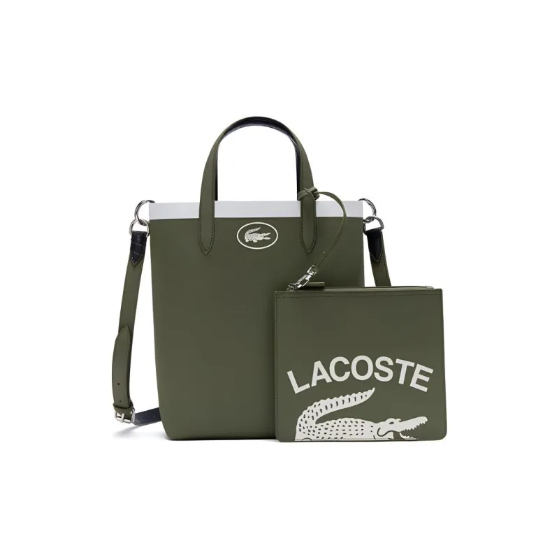 LACOSTE PVC Tote Bag Shopping Bag Shoulder Bag Crossbody Bag Handbag Medium Size Women's Olive Green & Dark Blue-0