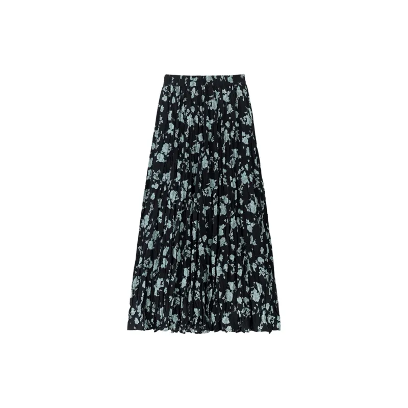 Wbwq Casual Long Skirt Women's Black Green Floral-5
