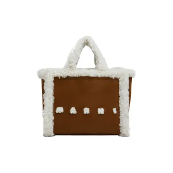 MARNI Shearling Trim Logo Detailed Tote Bag