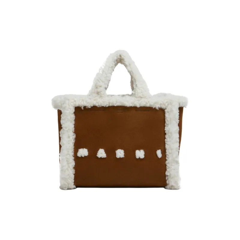MARNI Shearling Trim Logo Detailed Tote Bag-0