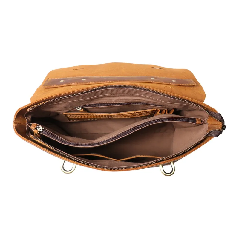LARTIGENT Crazy Horse Cow Leather Vintage Portable Briefcase Shoulder Bag Crossbody Bag Regular Men's Brown Yellow-4