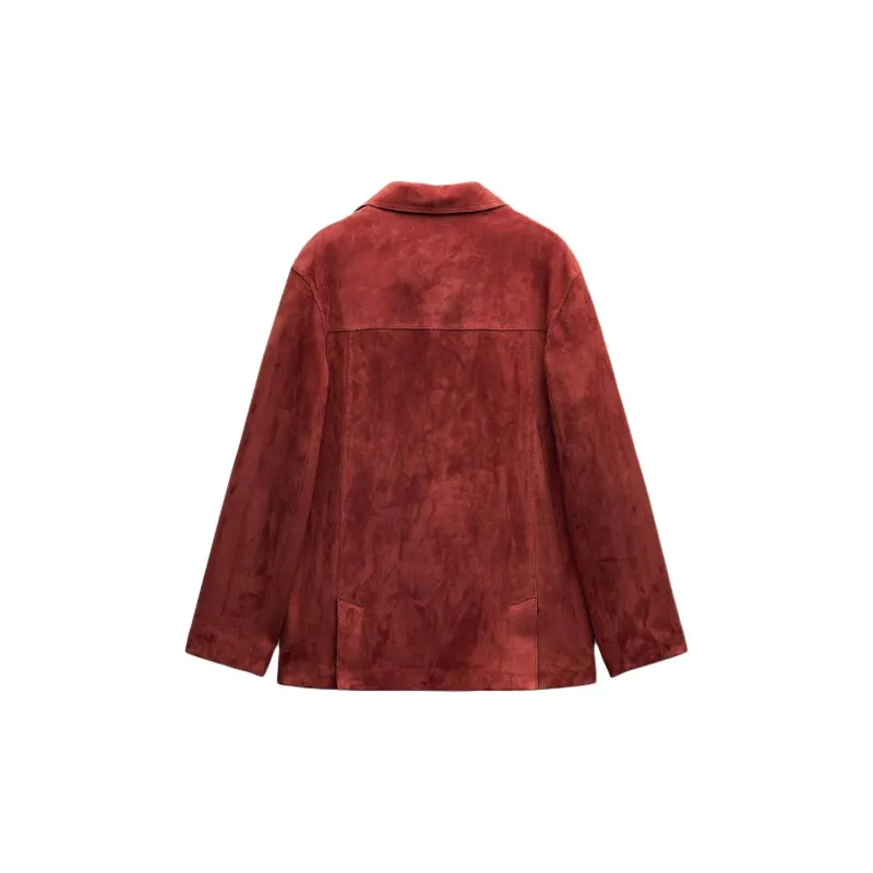 ZARA ZW Series Leather Jacket Women's Deep Maroon Red-1