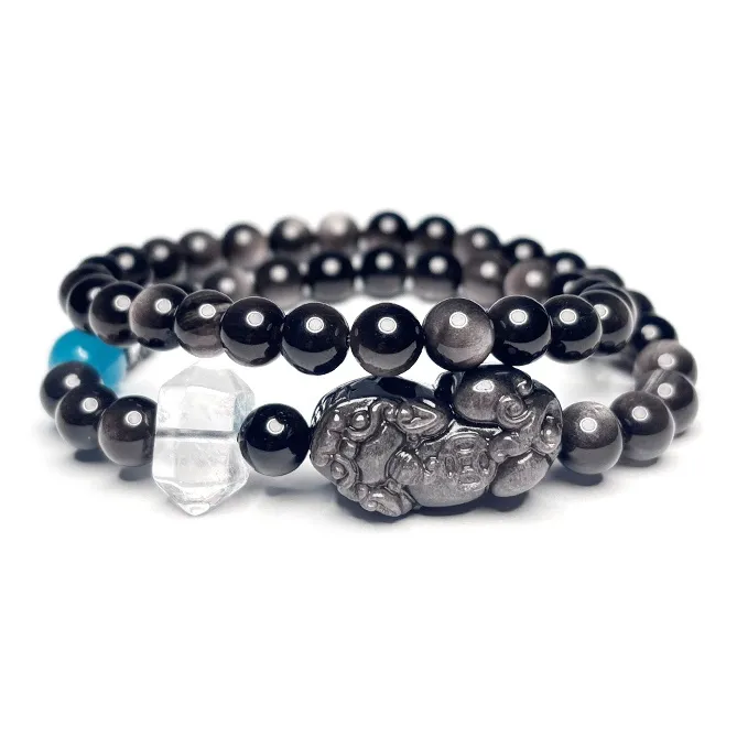 MOUNTAINS AND MANS Obsidian Double Wrap Layering Luxury Good Luck Beaded Bracelet Men's-1