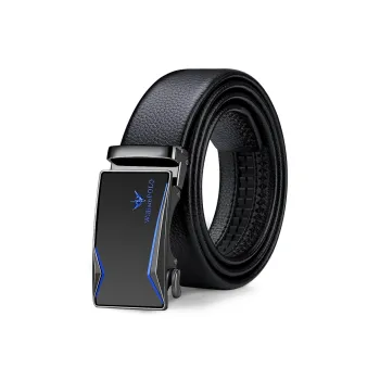 WilliamPOLO Split Cow Leather Leather Belts Men's Gunmetal Buckle Blue Logo/Gold Tone Lock Blue Logo 3.5cm Width