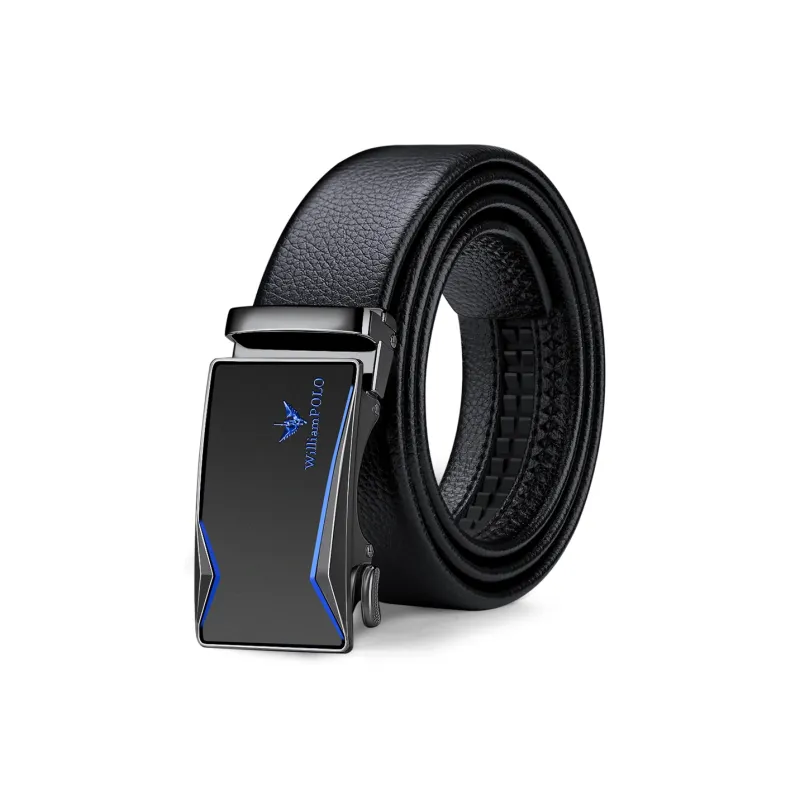 WilliamPOLO Split Cow Leather Leather Belts Men's Gunmetal Buckle Blue Logo/Gold Tone Lock Blue Logo 3.5cm Width-0