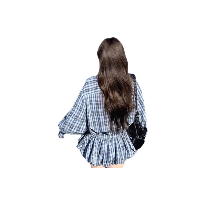 Udon House Skirt Set Women's Blue Plaid-3