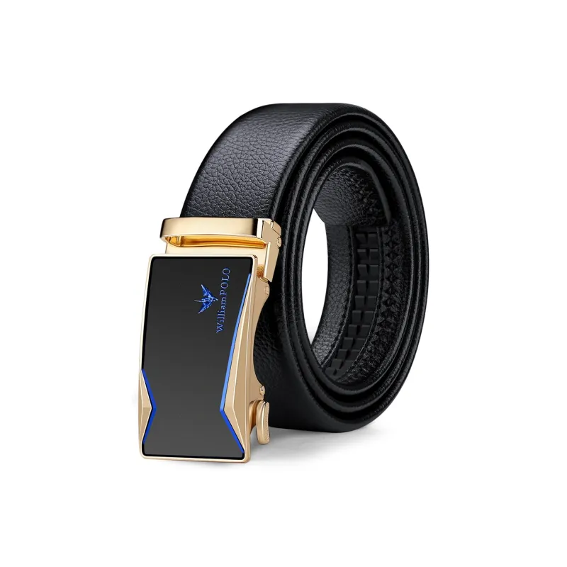 WilliamPOLO Split Cow Leather Leather Belts Men's Gunmetal Buckle Blue Logo/Gold Tone Lock Blue Logo 3.5cm Width-7