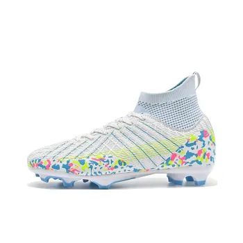 QIUTEXIONG Soccer Shoes Unisex High Top White/Black/Aqua
