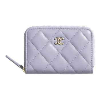 CHANEL Sheepskin & Metal Coin Purse Women's Light Purple