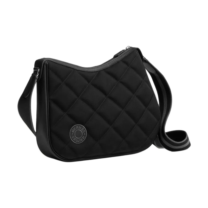 HERMES Horseback Woolycot Canvas With Swift Calfskin Crossbody Bag Shoulder Bag Unisex Black With Stone Ink-1