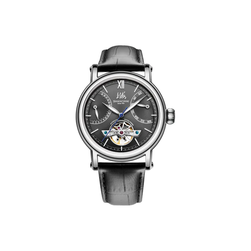 SHANGHAI Automatic Mechanical Movement Leather Strap Chinese Watches Men's Watches White Dial-3