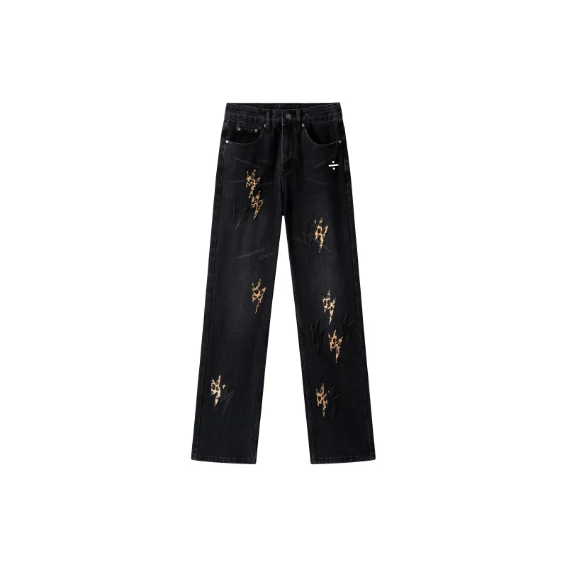 BLANC & ECLARE Brand Logo Print Relaxed Cool Mid Rise Jeans Unisex Black Leopard Print-4