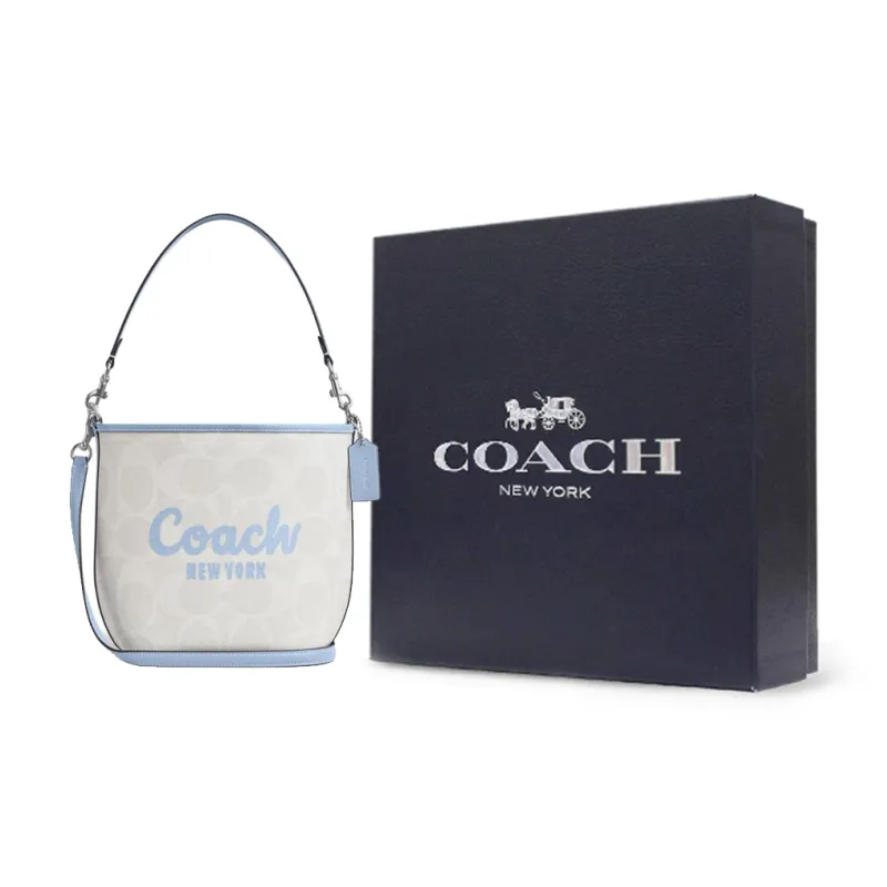 COACH Coated Canvas Bucket Bag, Shoulder Bag, Crossbody Bag, Handbag Women's Glacier White & Blue-6