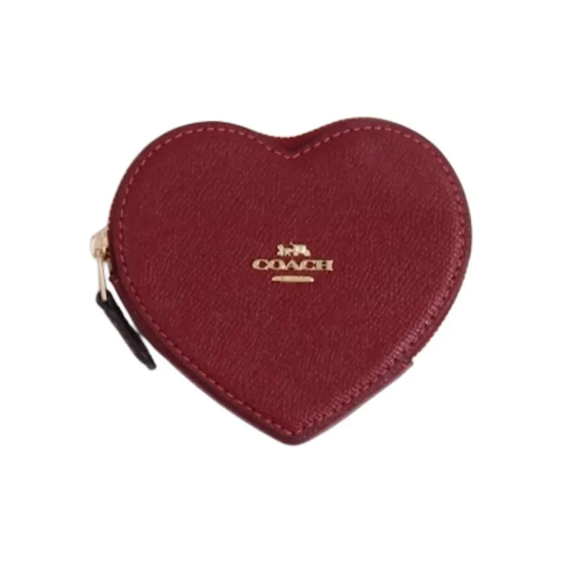 COACH Heart Leather Heart Shaped Bag Coin Purse Mini Women's Red & Khaki-1