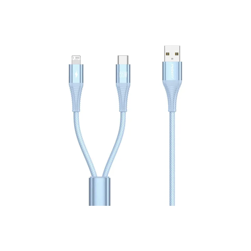 PISEN 66W 2 in 1.2m All in One Aluminum Alloy Yarn Charging Cable AP FC27 1200-10
