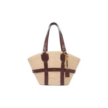 Chloe Raffia Basket Bag Handbag Shoulder Bag Large Size Women's Beige & Red Brown
