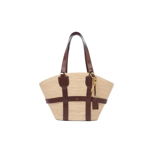 Chloe Raffia Basket Bag Handbag Shoulder Bag Large Size Women's Beige & Red Brown
