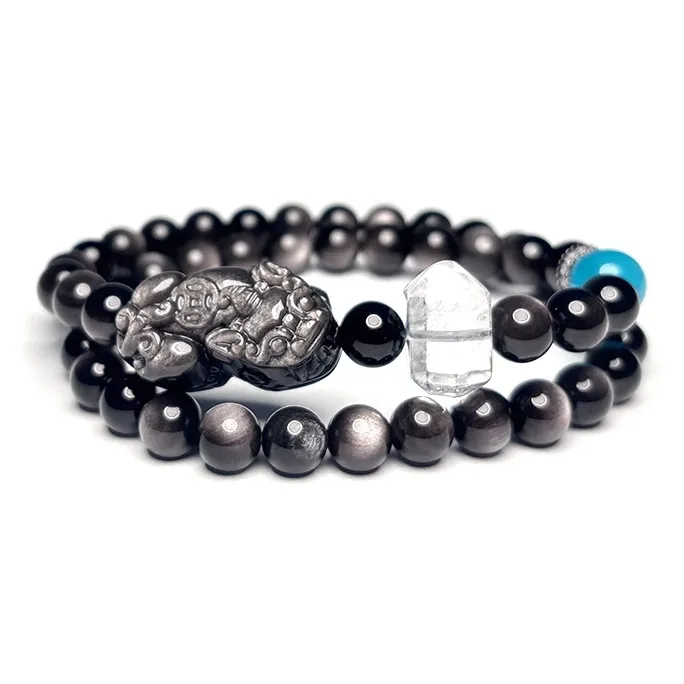 MOUNTAINS AND MANS Obsidian Double Wrap Layering Luxury Good Luck Beaded Bracelet Men's-3