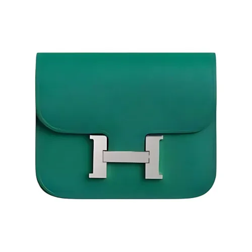 HERMES Evercolor Calfskin Wallet Card Holder Coin Purse Fanny Pack Women's Dazzling Green With Sandalwood And Bar Blue