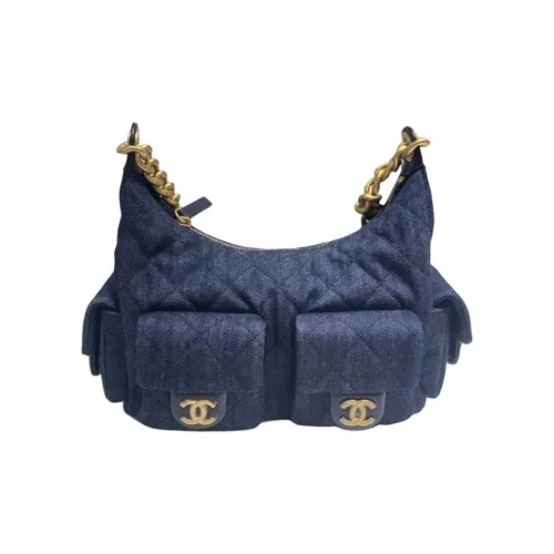 CHANEL Denim Hobo Bag Handbag Shoulder Bag Small Size Women's Dark Blue