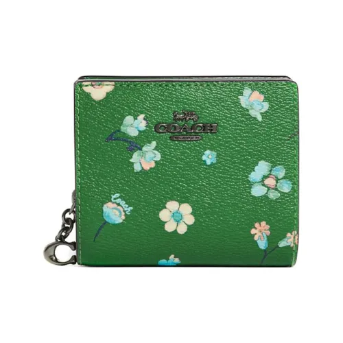 COACH Snap Wallet Leather Card Holders Clutches Wallets Women's Green
