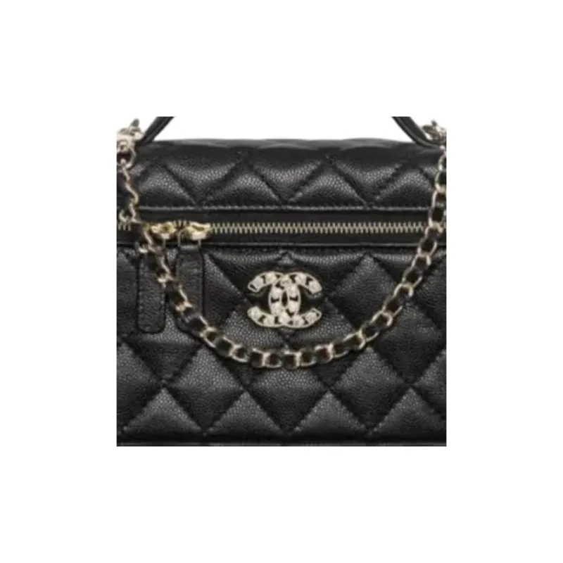 CHANEL Litchi Skin Shoulder Bag Crossbody Bag Women's Black-3