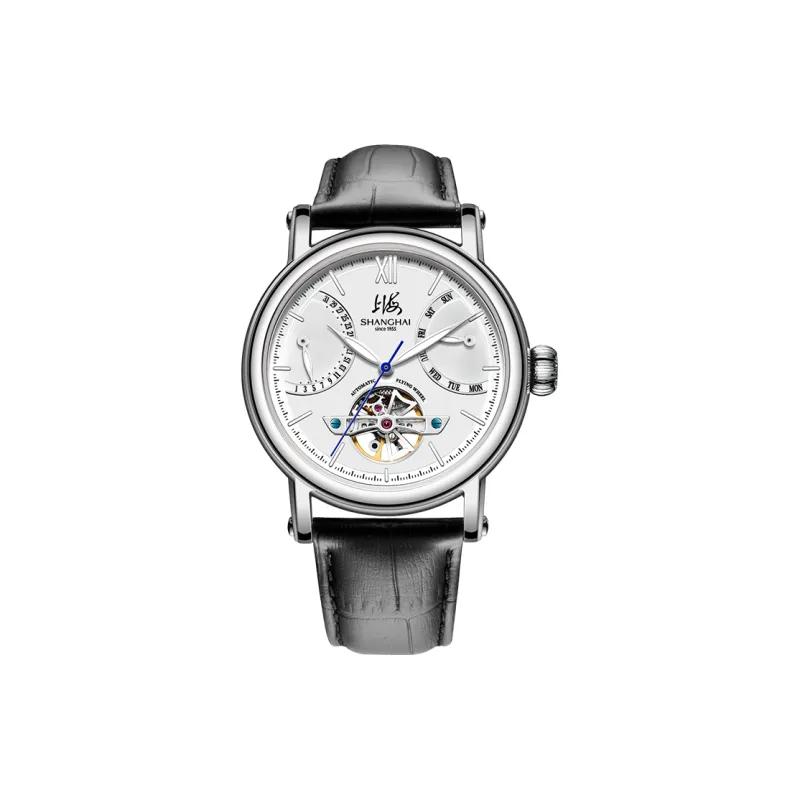 SHANGHAI Automatic Mechanical Movement Leather Strap Chinese Watches Men's Watches White Dial-0