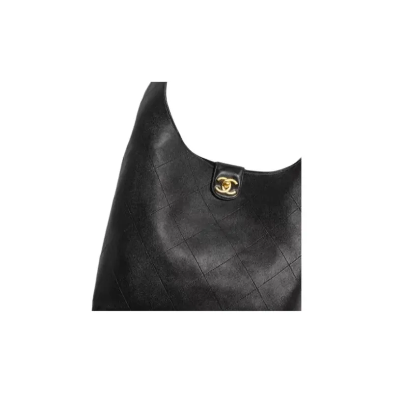 CHANEL Sheepskin HOBO Bag, Underarm, Hippie Style Handbag, Shoulder Bag Trumpets Women's Black-1