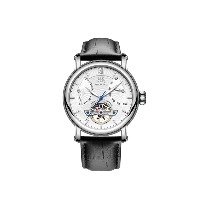 SHANGHAI Automatic Mechanical Movement Leather Strap Chinese Watches Men's Watches White Dial-5