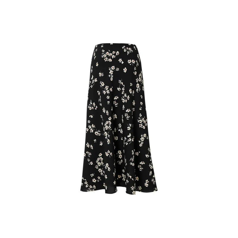 Hopeshow Casual Long Skirts Women's Black Background With Flowers-1