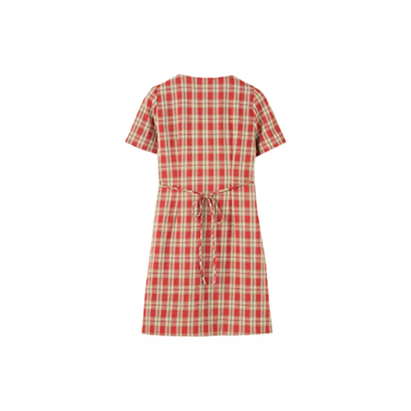 AHDO Short-Sleeved Dresses Women's Red Plaid-1