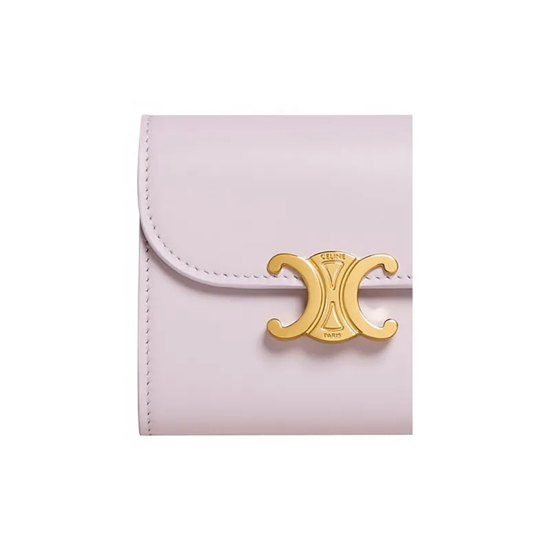 CELINE Triomphe Shiny Smooth Lambskin Suede Flap Card Holder Wallet Small Size Women's Light Pink-4