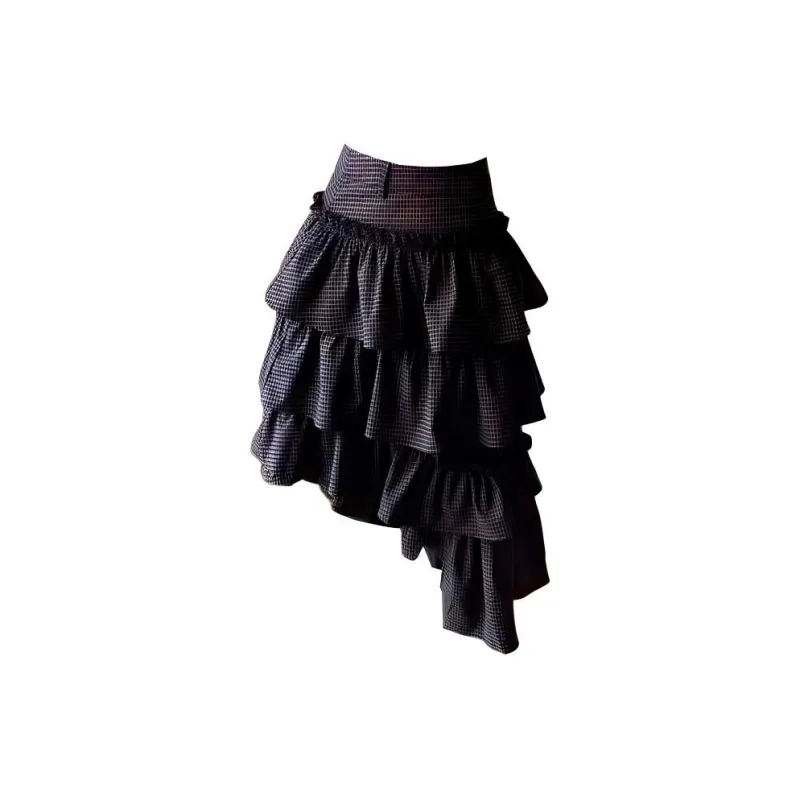 TURN UP Casual Long Skirts Women's Black Plaid Pattern-1