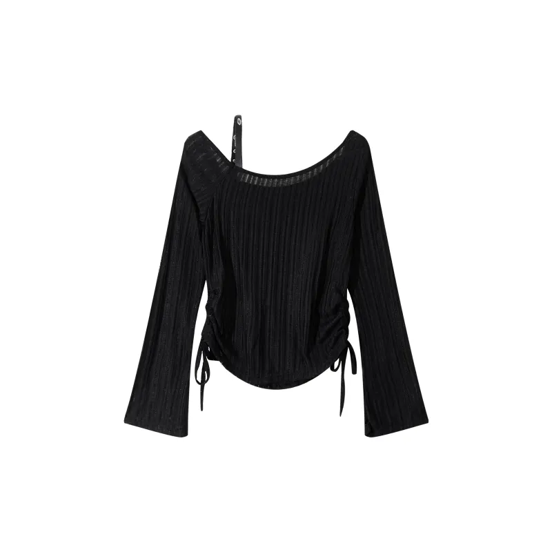 ONEPASS Long Sleeved Asymmetrical Collar Off Shoulder Ruched Knitwear Women's-6