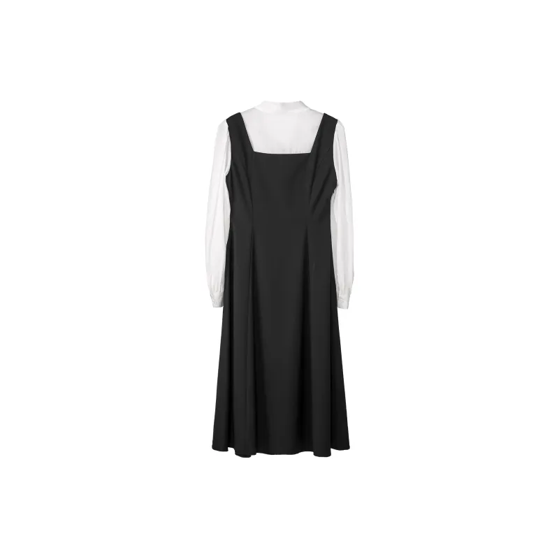 Fstudio Korean Style Color Block Mock Two Piece A Line Early Spring Dress Women's Black-1