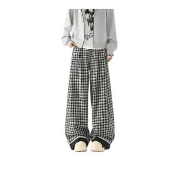 TESTUNG Casual Pants Unisex Black White Plaid