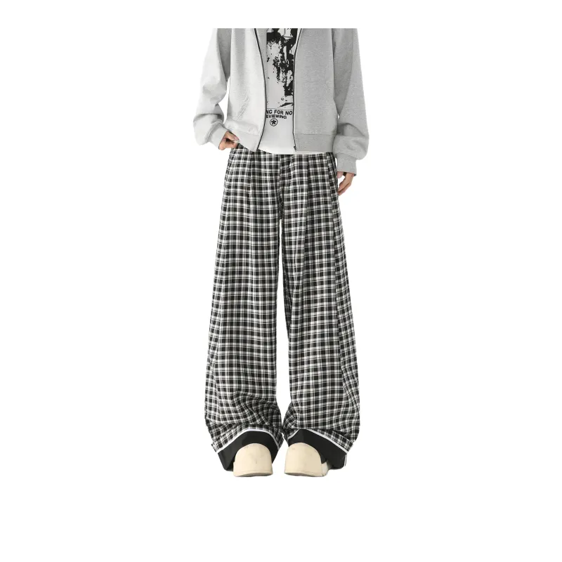 TESTUNG Casual Pants Unisex Black White Plaid-0