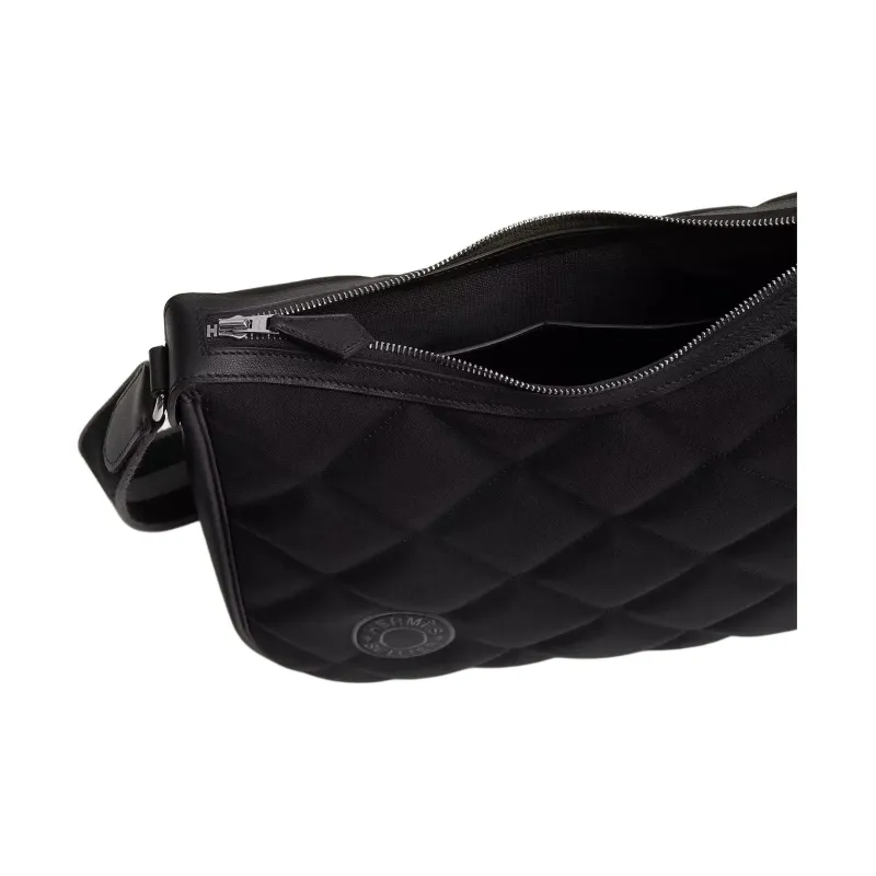 HERMES Horseback Woolycot Canvas With Swift Calfskin Crossbody Bag Shoulder Bag Unisex Black With Stone Ink-3