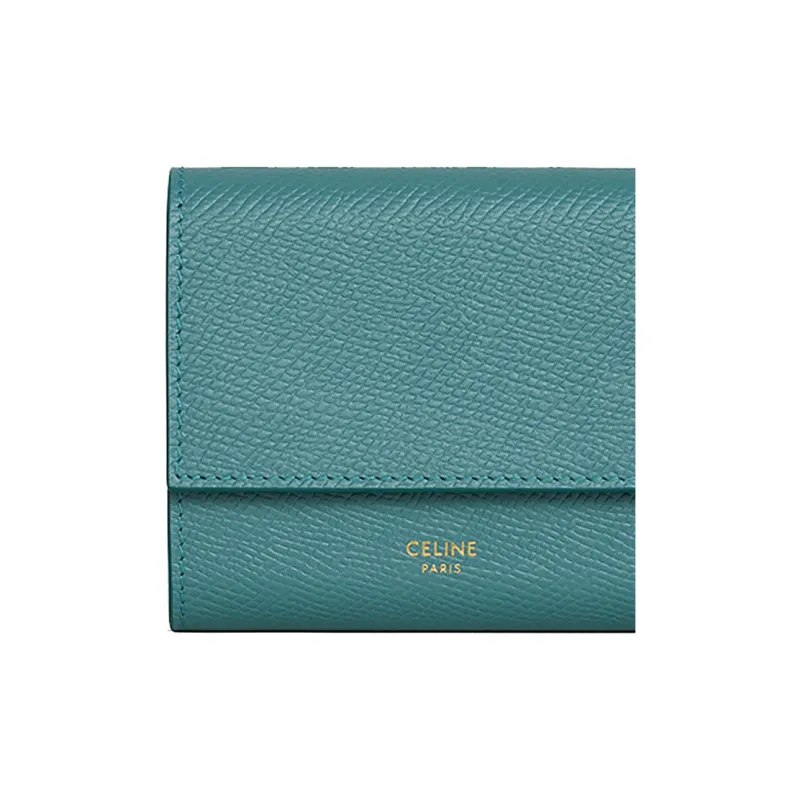 CELINE Smooth Cow Leather Card Holder Trumpets Women's Blue Green-4